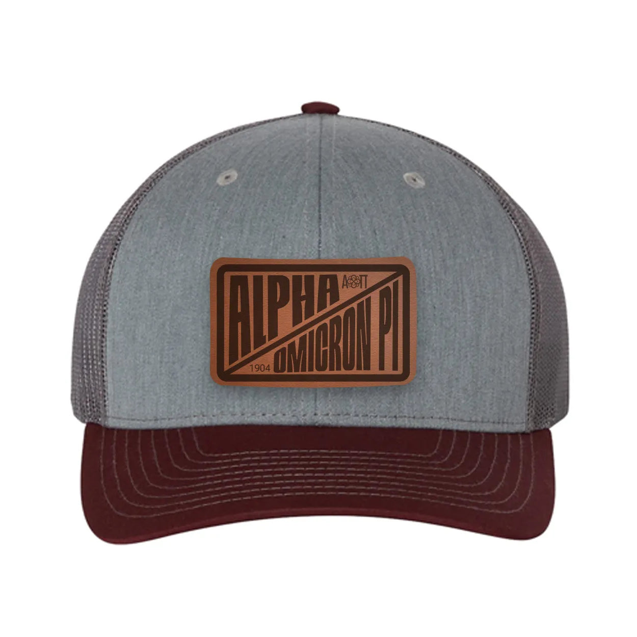 Alpha Omicron Pi Richardson 112 Leatherette Patch Trucker Hat - Divide Heather Gray Charcoal Maroon Trucker Hat
