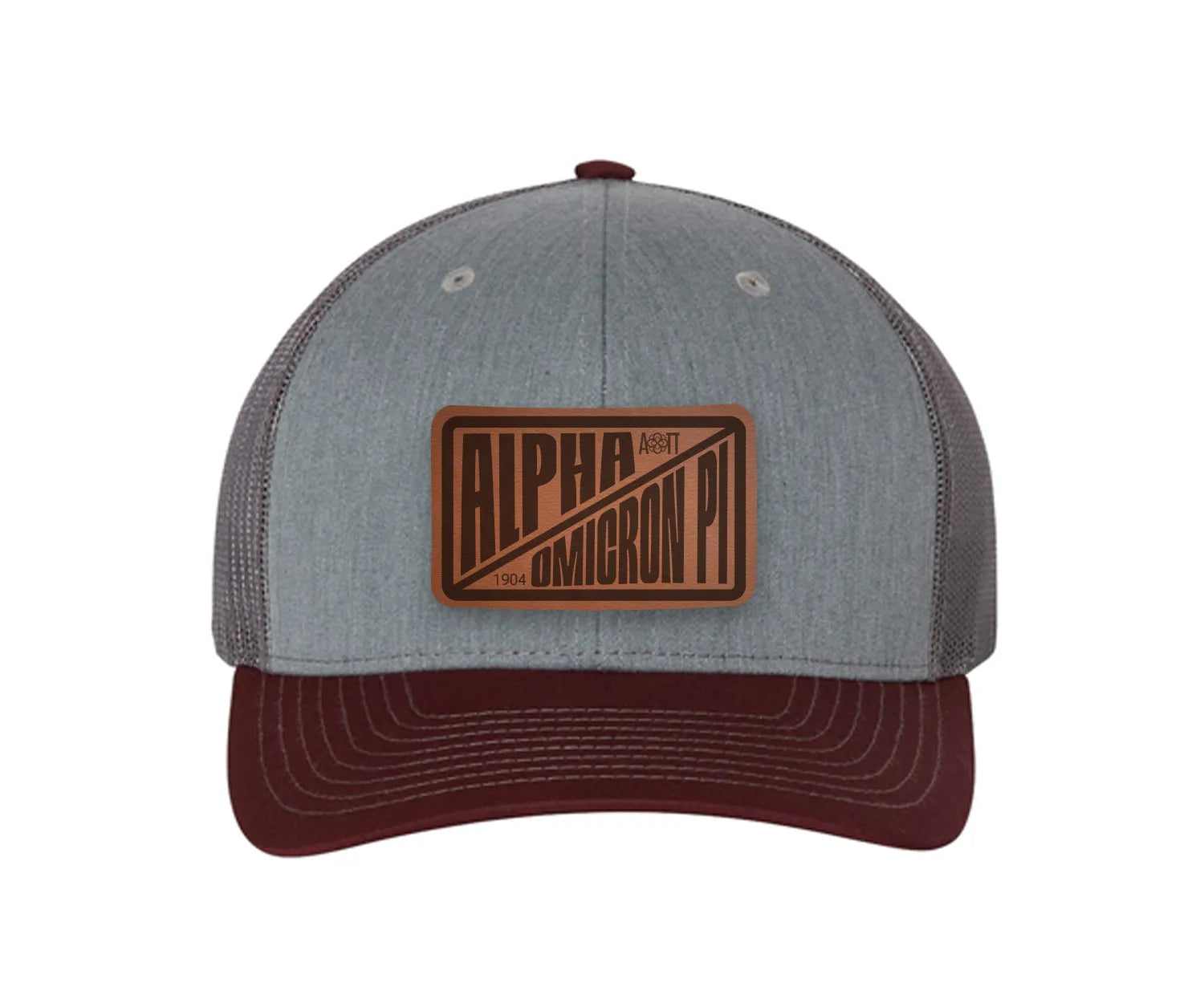Alpha Omicron Pi Richardson 112 Leatherette Patch Trucker Hat - Divide Heather Gray Charcoal Maroon Trucker Hat