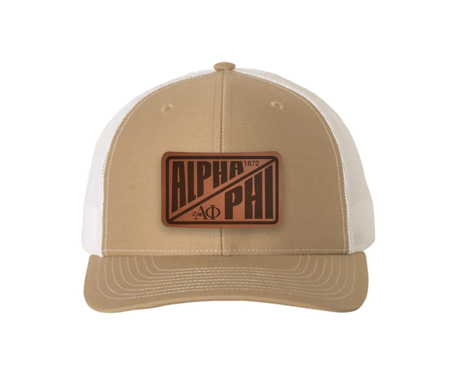 Alpha Phi Richardson 112 Leatherette Patch Trucker Hat - Divide Khaki White Trucker Hat