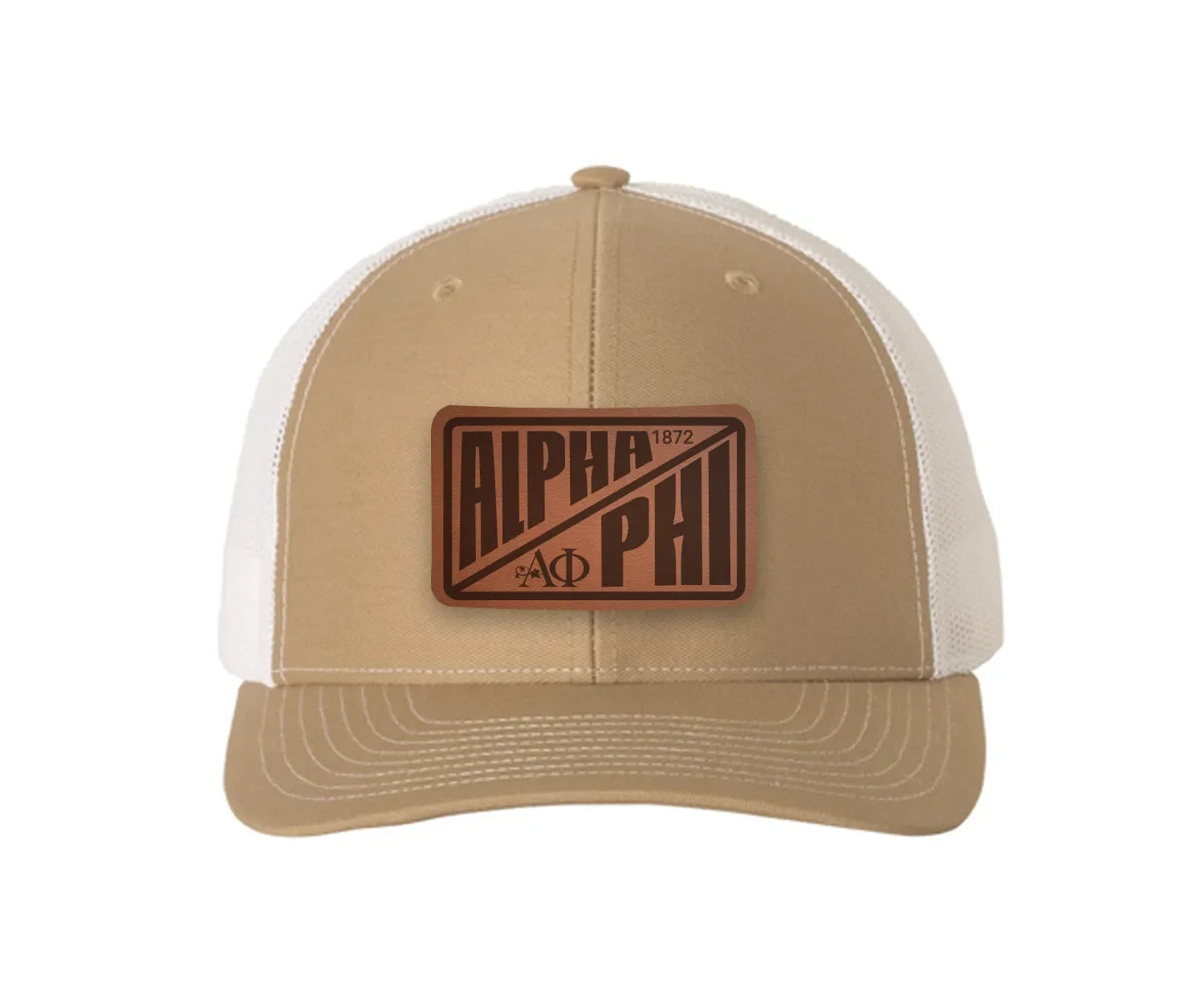 Alpha Phi Richardson 112 Leatherette Patch Trucker Hat - Divide Khaki White Trucker Hat