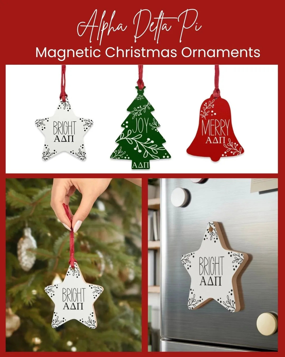 Alpha Delta Pi Wood Christmas Ornaments / Magnets (Set of 3) Holiday Ornaments