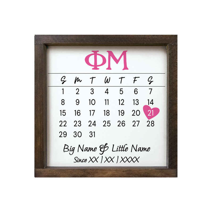Phi Mu Personalized Big Little Calendar Framed Sign - 12x12