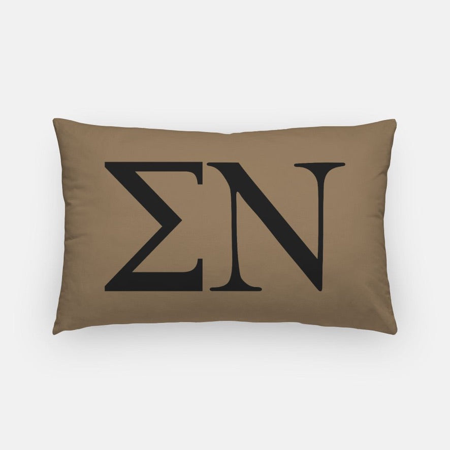 Sigma Nu Lumbar Pillow Cover - Greek Letters Tan Black Pillow Covers