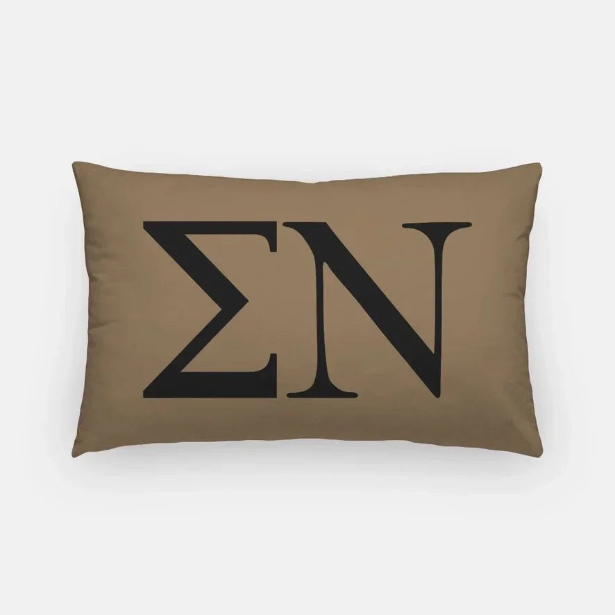 Sigma Nu Lumbar Pillow Cover - Greek Letters Tan Black Pillow Covers