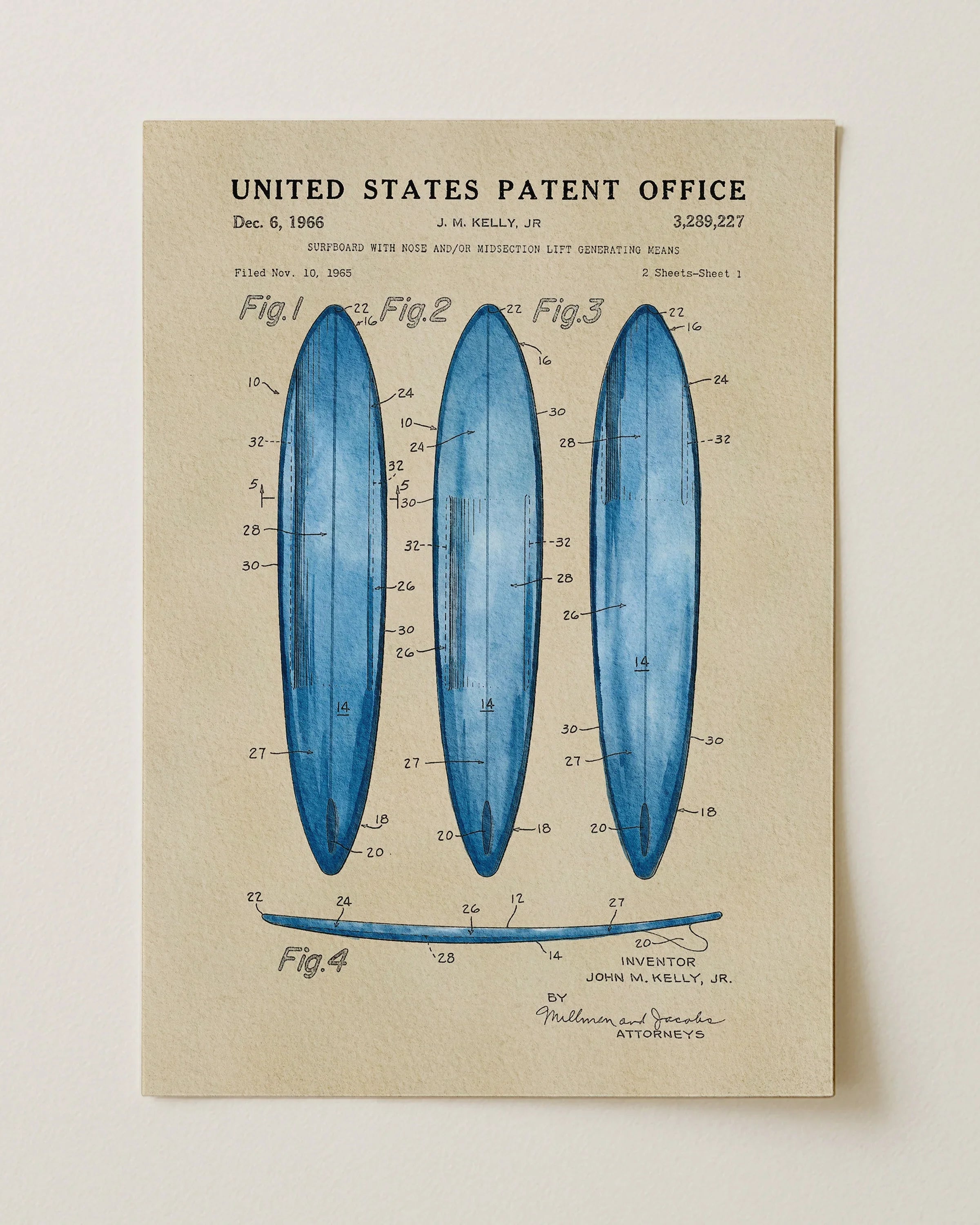 Surfboard US Patent Art Print - Blue | Coastal-Themed Dorm Decor | Campus Greek Fit