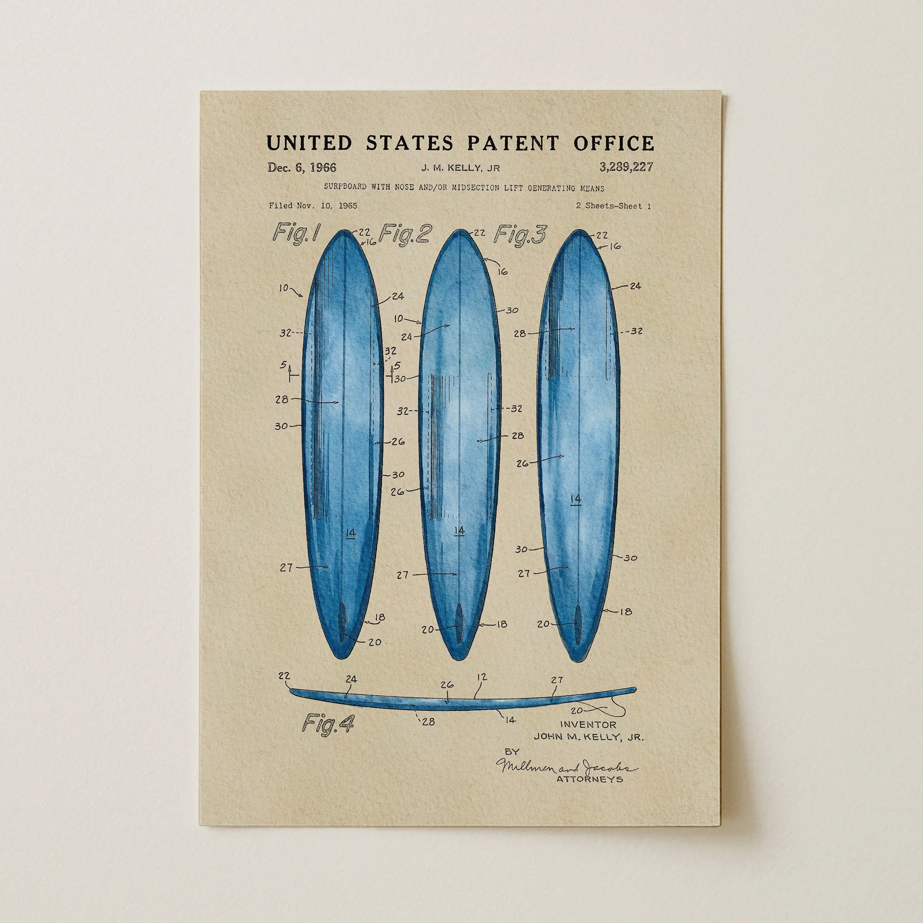 Surfboard US Patent Art Print - Blue | Coastal-Themed Dorm Decor | Campus Greek Fit