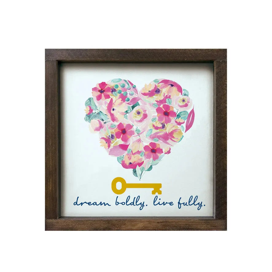 Kappa Kappa Gamma 12x12 Wood Framed Sign - Pink & Aqua Floral Heart Walnut Stain Wall Art & Signs