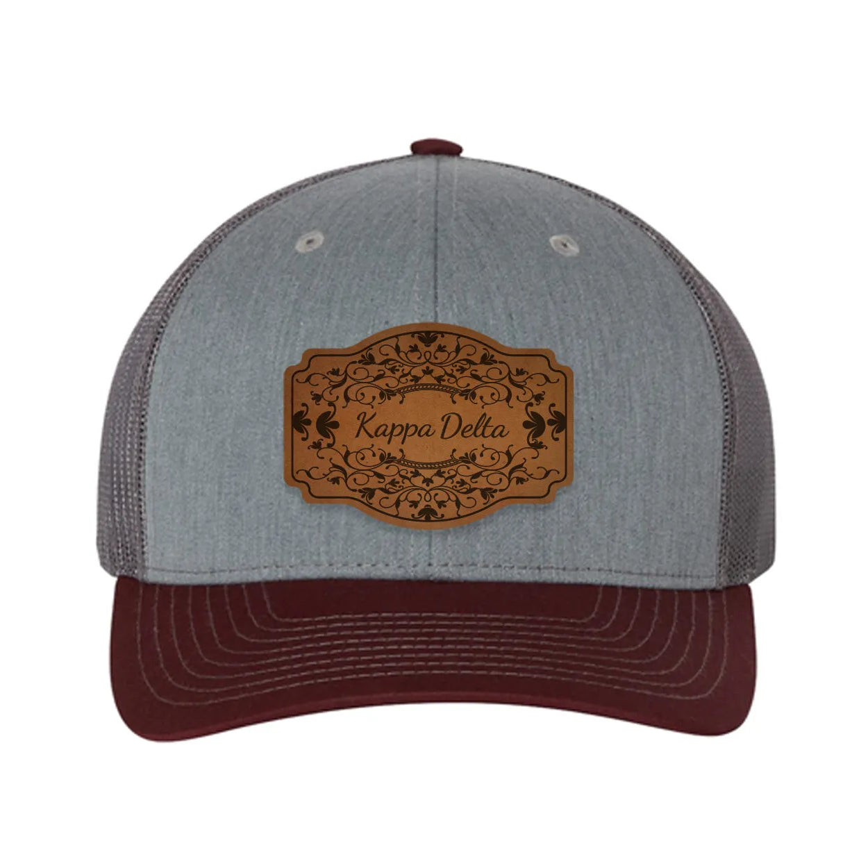 Kappa Delta Richardson 112 Leatherette Patch Trucker Hat - Scroll Heather Gray Charcoal Maroon Trucker Hat
