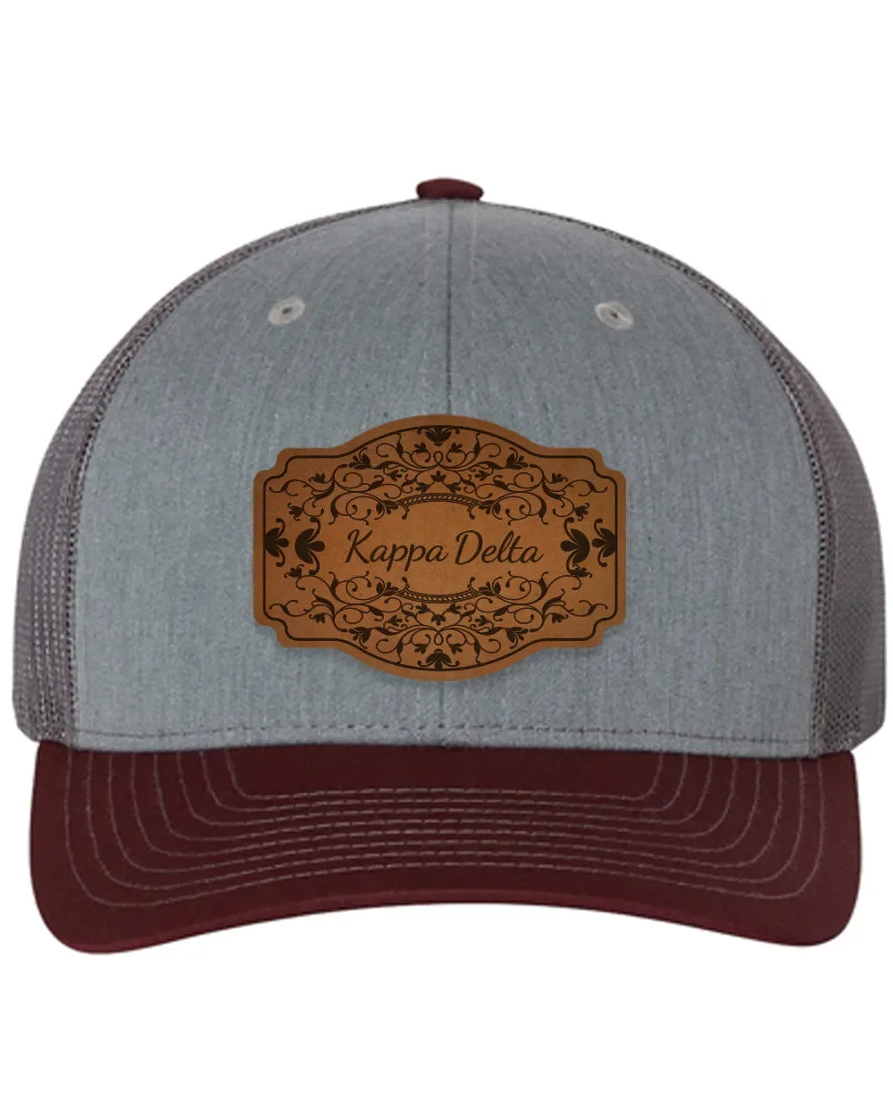 Kappa Delta Richardson 112 Leatherette Patch Trucker Hat - Scroll Heather Gray Charcoal Maroon Trucker Hat