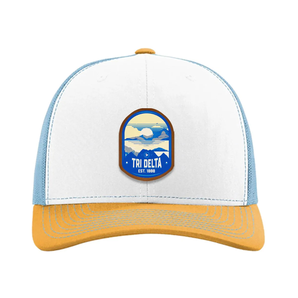 Tri Delta Richardson 112 UV Print Leatherette Patch Trucker Hat - Ventura White Blue Yellow Trucker Hat