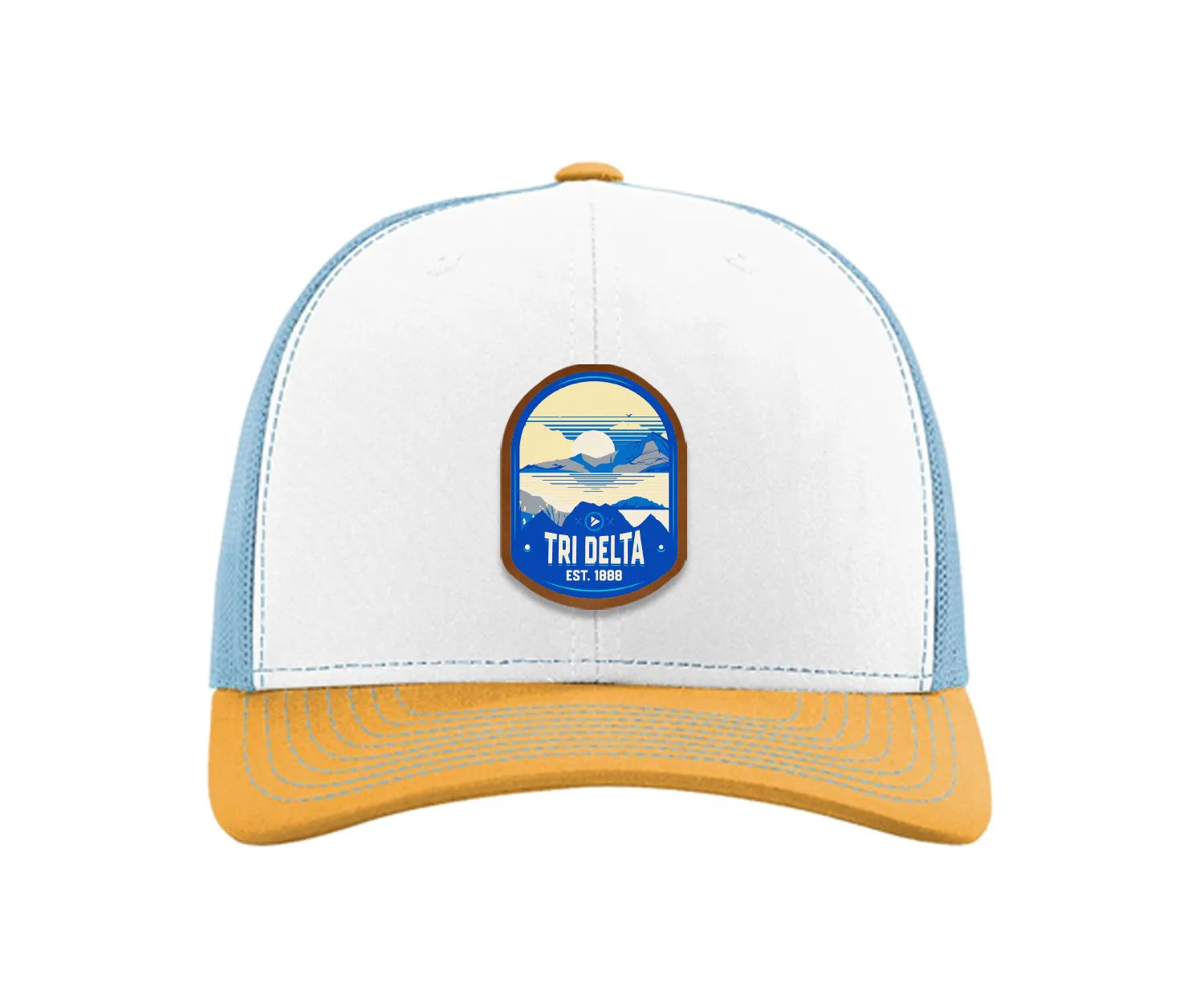 Tri Delta Richardson 112 UV Print Leatherette Patch Trucker Hat - Ventura White Blue Yellow Trucker Hat