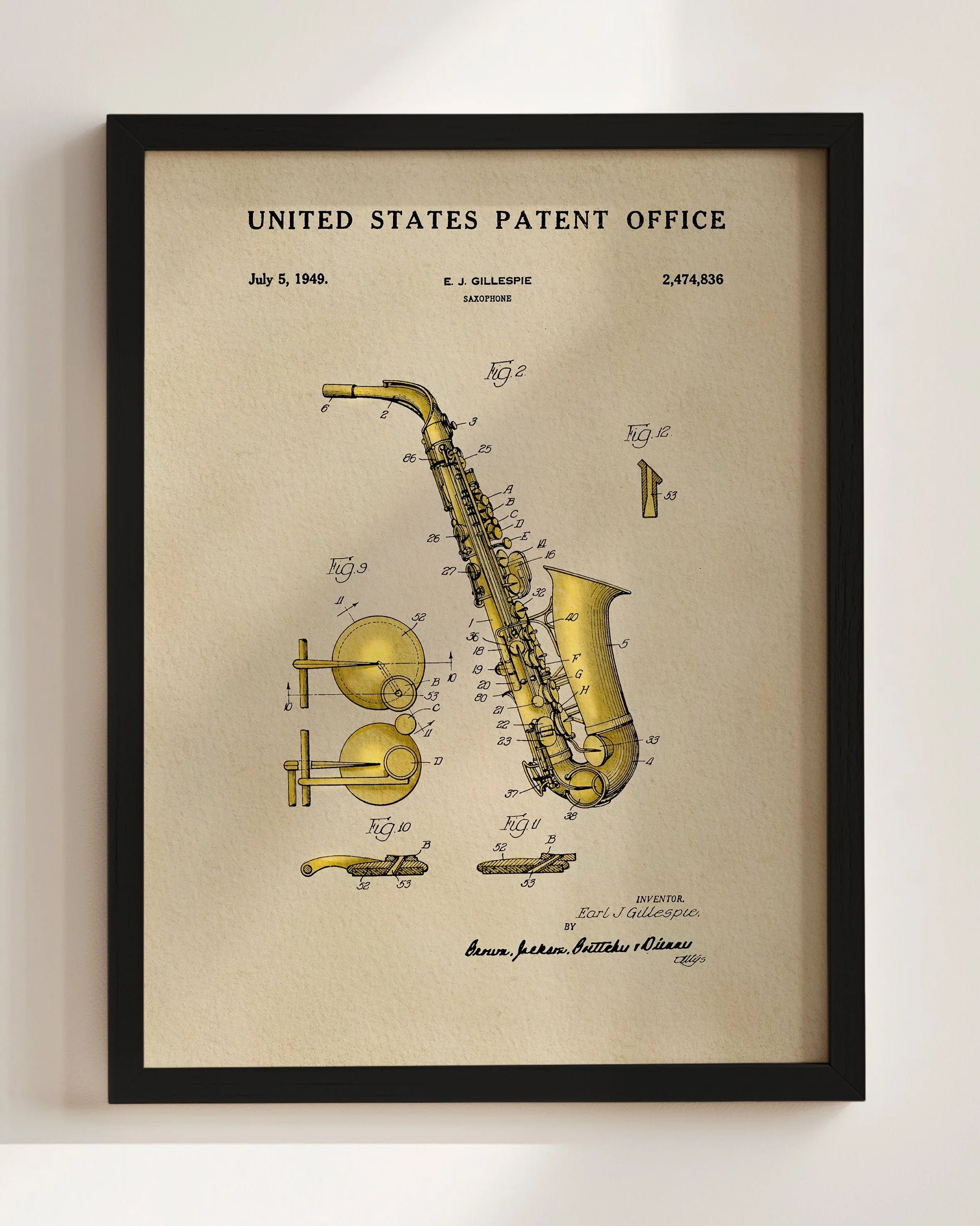Saxophone US Patent Art Print | Music Themed Dorm Decor