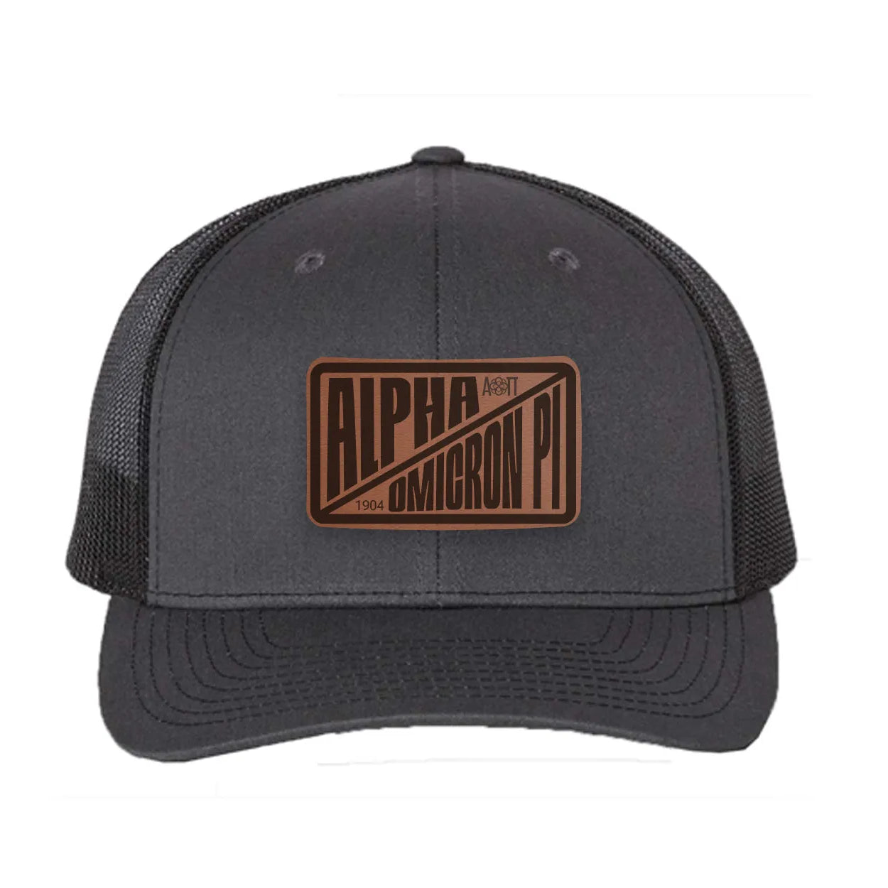 Alpha Omicron Pi Richardson 112 Leatherette Patch Trucker Hat - Divide Charcoal Black Trucker Hat