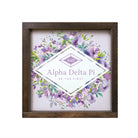 Alpha Delta Pi 12x12 Wood Framed Sign - Purple Floral Diamond Frame Walnut Stain Wall Art & Signs
