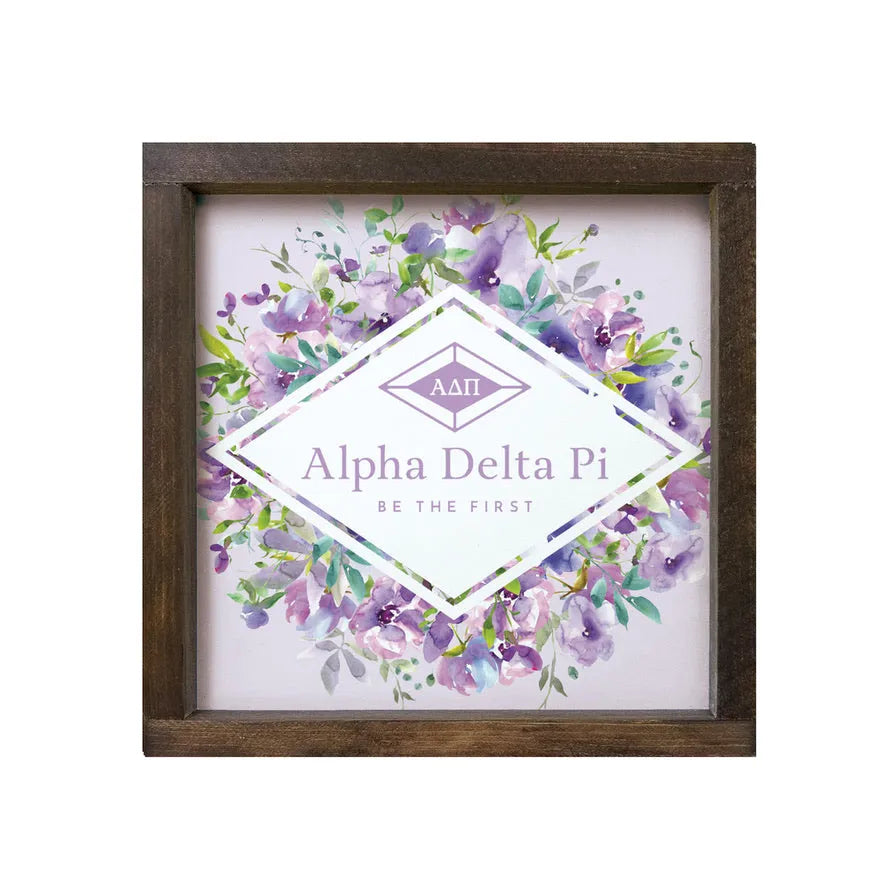 Alpha Delta Pi 12x12 Wood Framed Sign - Purple Floral Diamond Frame Walnut Stain Wall Art & Signs