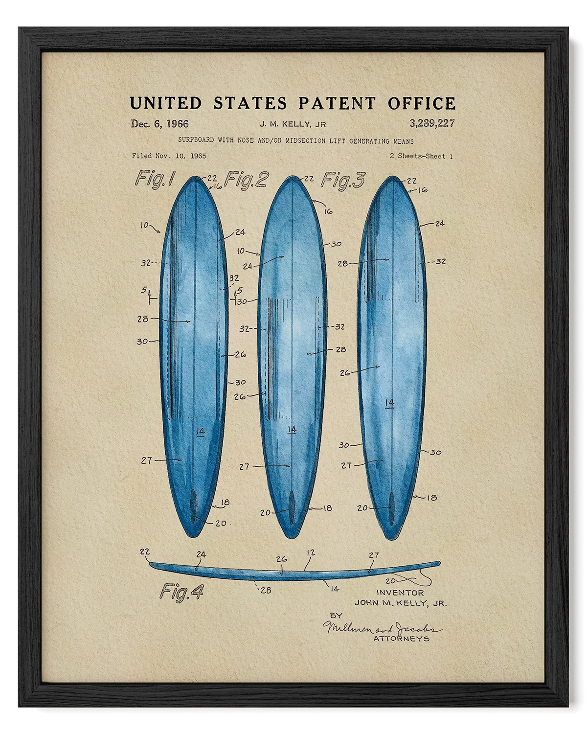 Surfboard US Patent Art Print - Blue | Coastal-Themed Dorm Decor | Campus Greek Fit