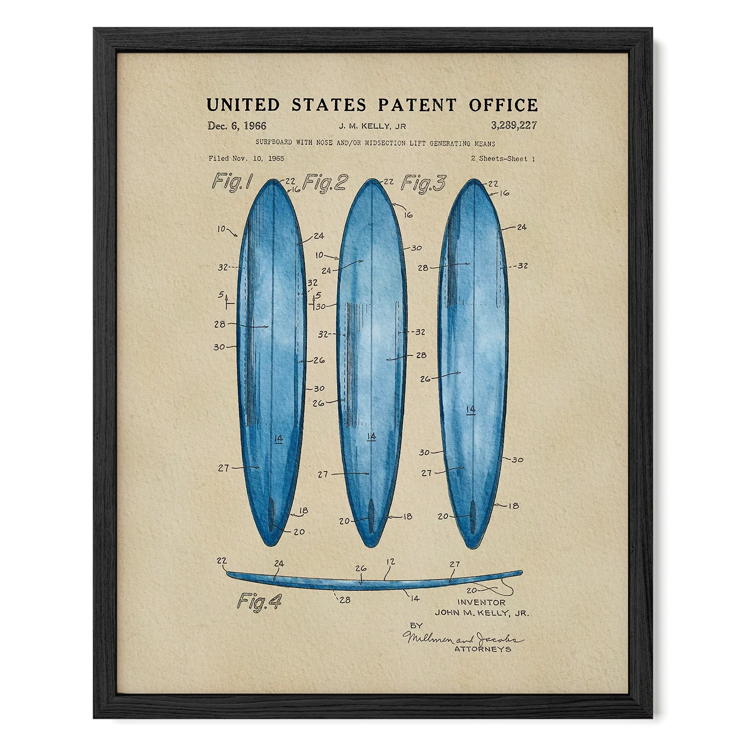 Surfboard US Patent Art Print - Blue | Coastal-Themed Dorm Decor | Campus Greek Fit
