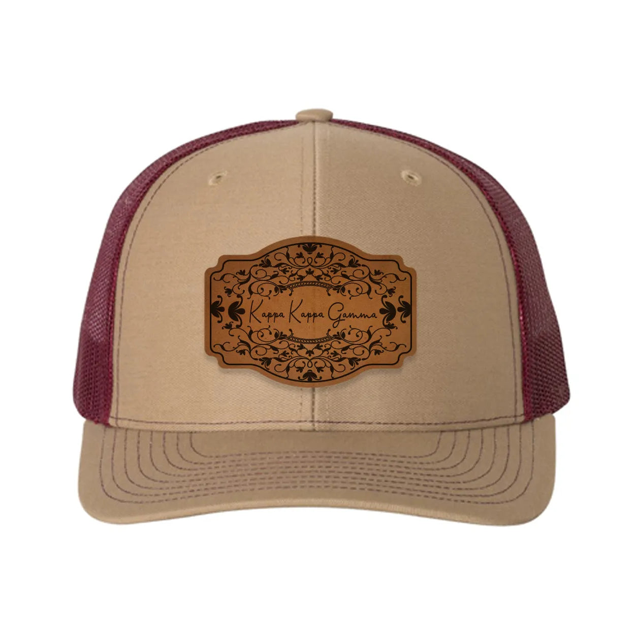 Kappa Kappa Gamma Richardson 112 Leatherette Patch Trucker Hat - Scroll Khaki Burgundy Trucker Hat
