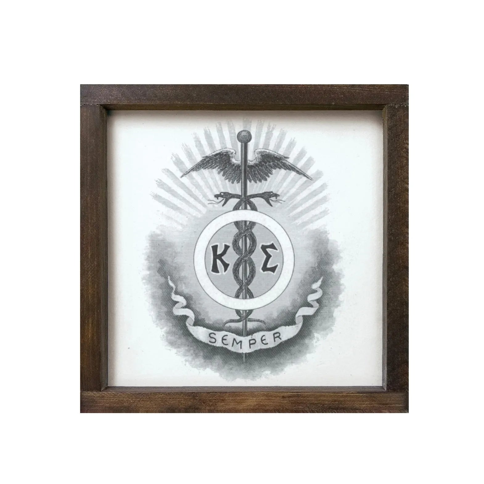 Kappa Sigma 12x12 Wood Framed Sign -Caduceaus Walnut Stain Wall Art & Signs