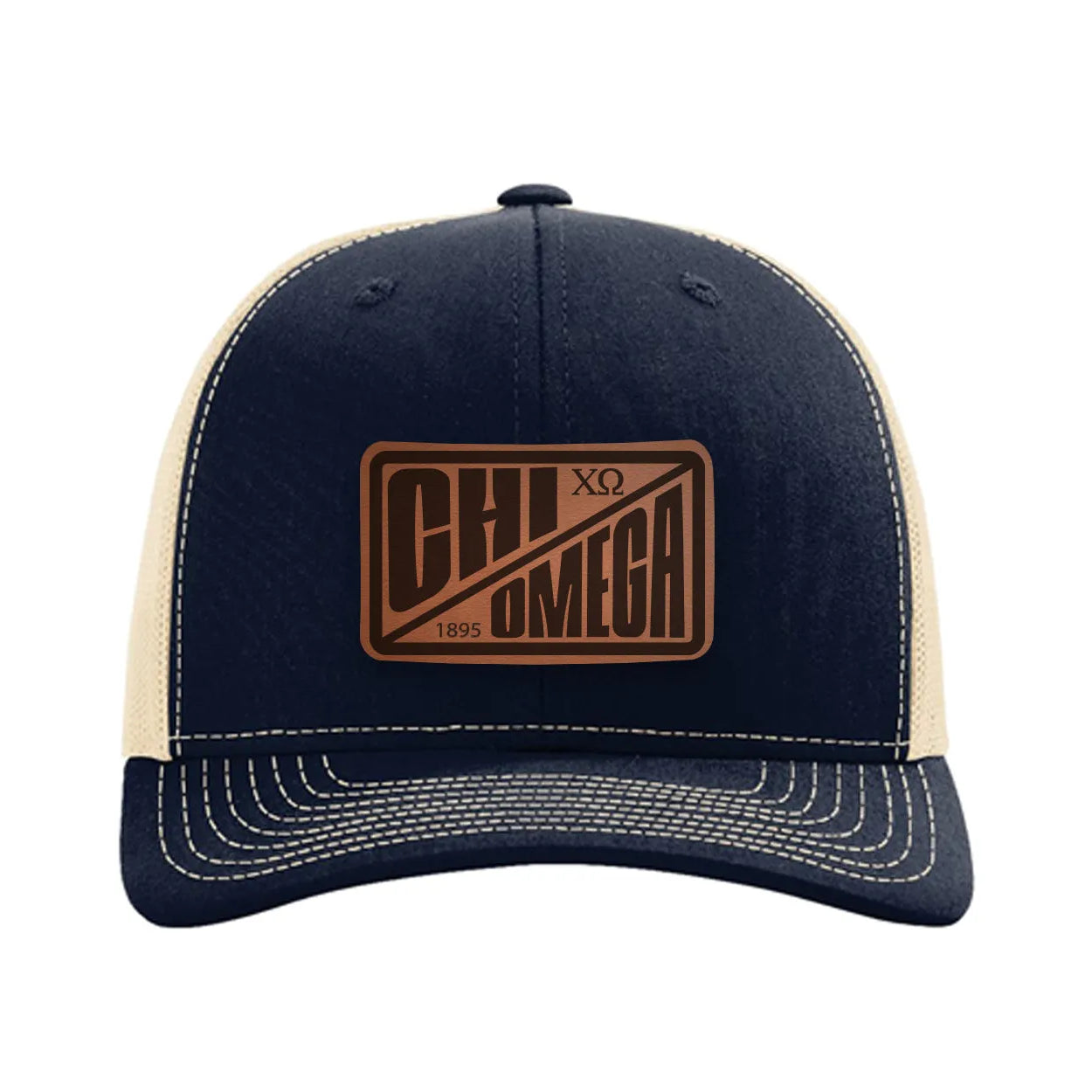 Chi Omega Richardson 112 Leatherette Patch Trucker Hat - Divide Navy Khaki Trucker Hat