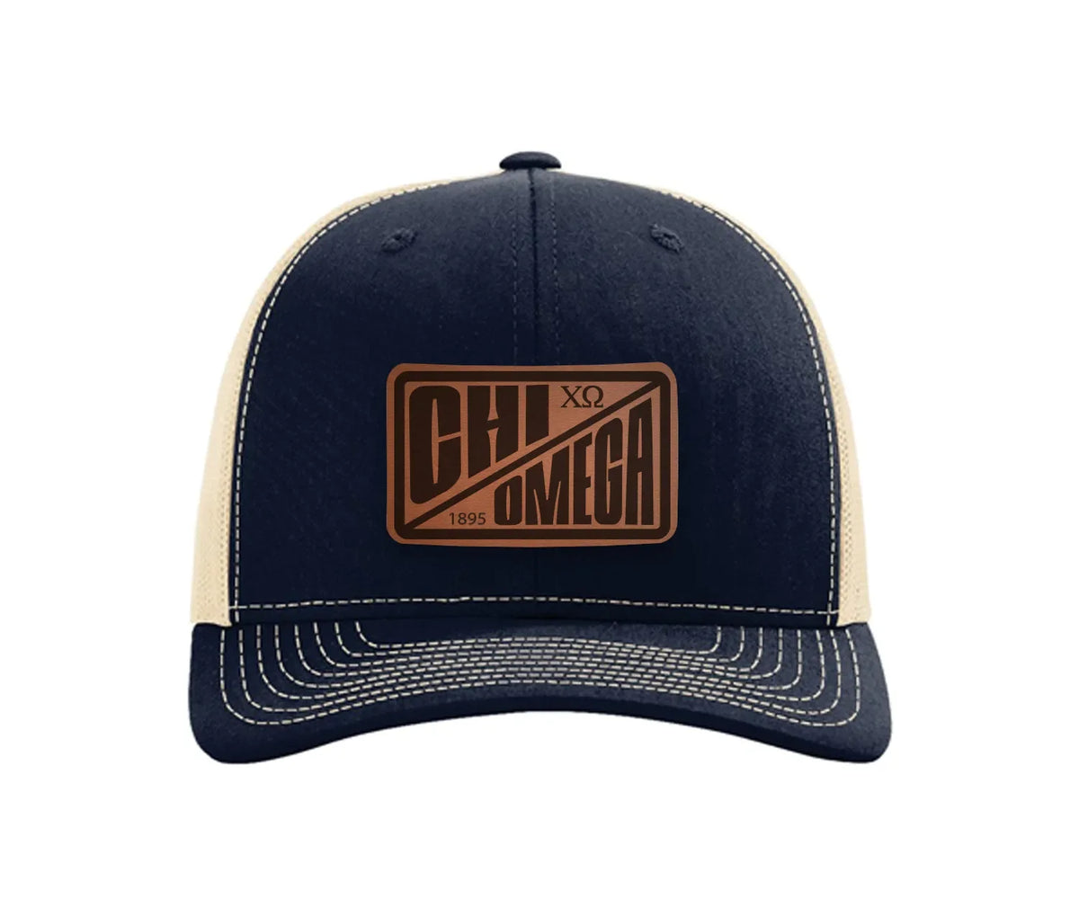 Chi Omega Richardson 112 Leatherette Patch Trucker Hat - Divide Navy Khaki Trucker Hat