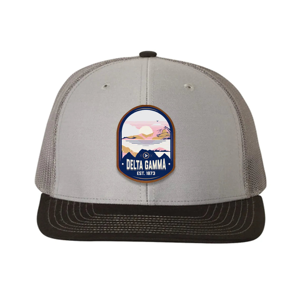 Delta Gamma Richardson 112 UV Print Leatherette Patch Trucker Hat - Ventura Gray Charcoal Black Trucker Hat