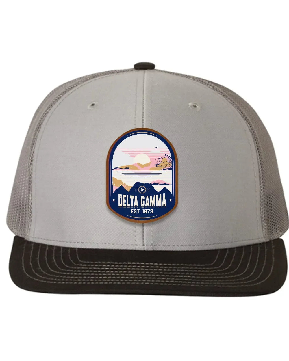 Delta Gamma Richardson 112 UV Print Leatherette Patch Trucker Hat - Ventura Gray Charcoal Black Trucker Hat