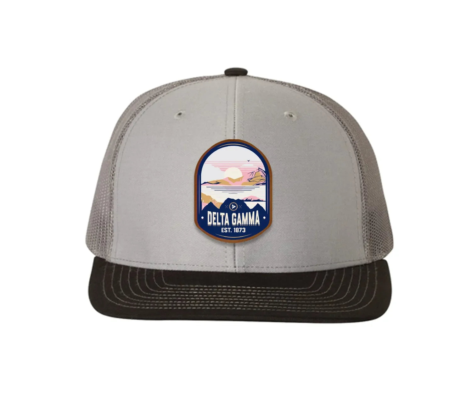 Delta Gamma Richardson 112 UV Print Leatherette Patch Trucker Hat - Ventura Gray Charcoal Black Trucker Hat