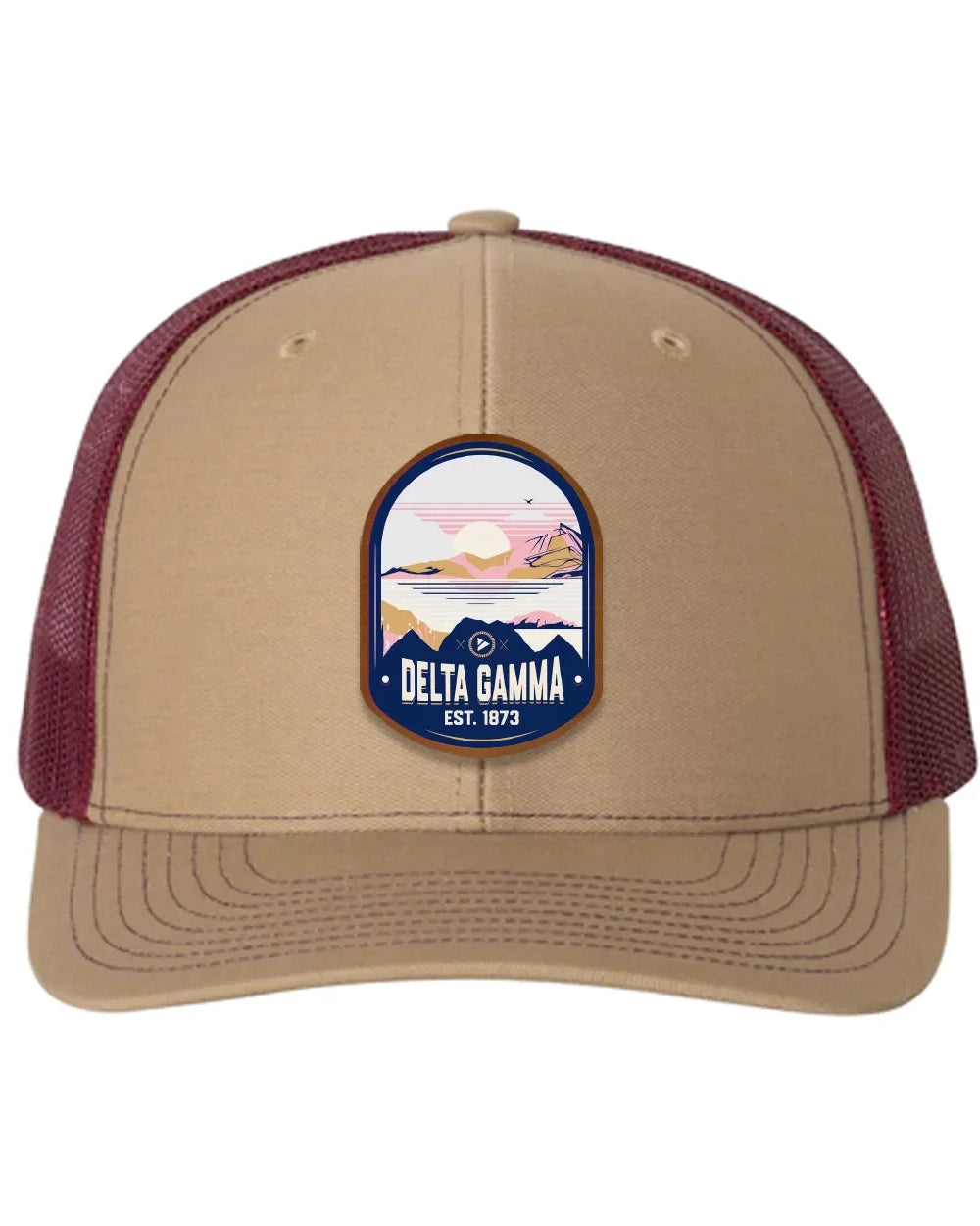 Delta Gamma Richardson 112 UV Print Leatherette Patch Trucker Hat - Ventura Khaki Burgundy Trucker Hat