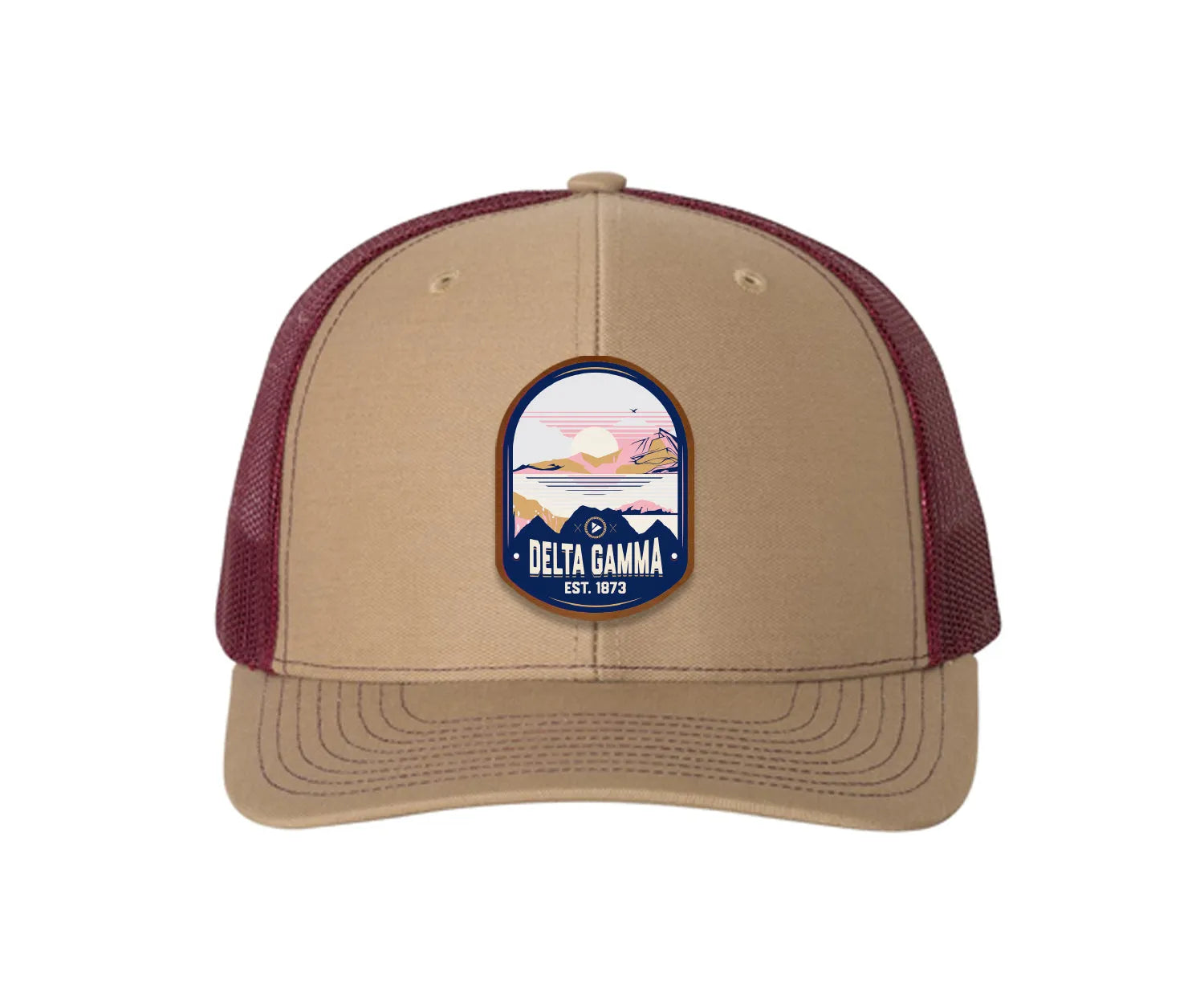 Delta Gamma Richardson 112 UV Print Leatherette Patch Trucker Hat - Ventura Khaki Burgundy Trucker Hat