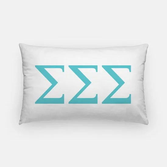 Tri Sigma Lumbar Throw Pillow Cover - Knockout Greek Letters White Sea Blue Pillow Covers