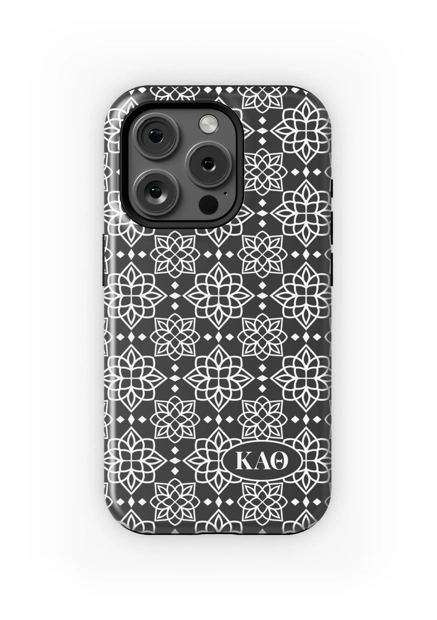 Kappa Alpha Theta iPhone 16, 15, 14 Mobile Phone Case - Black Ornate Matte Mobile Phone Cases