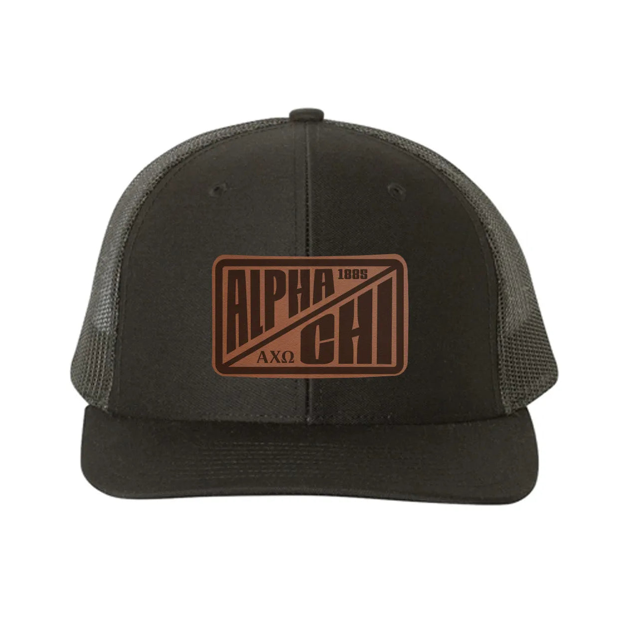 Alpha Chi Omega Richardson 112 Leatherette Patch Trucker Hat - Divide Black Black Trucker Hat