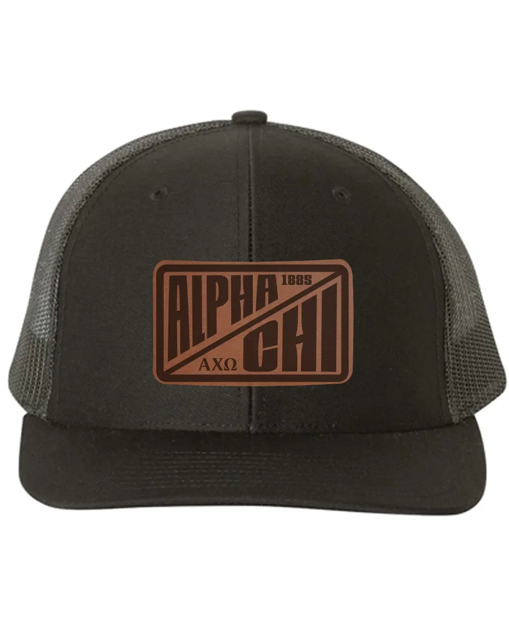 Alpha Chi Omega Richardson 112 Leatherette Patch Trucker Hat - Divide Black Black Trucker Hat