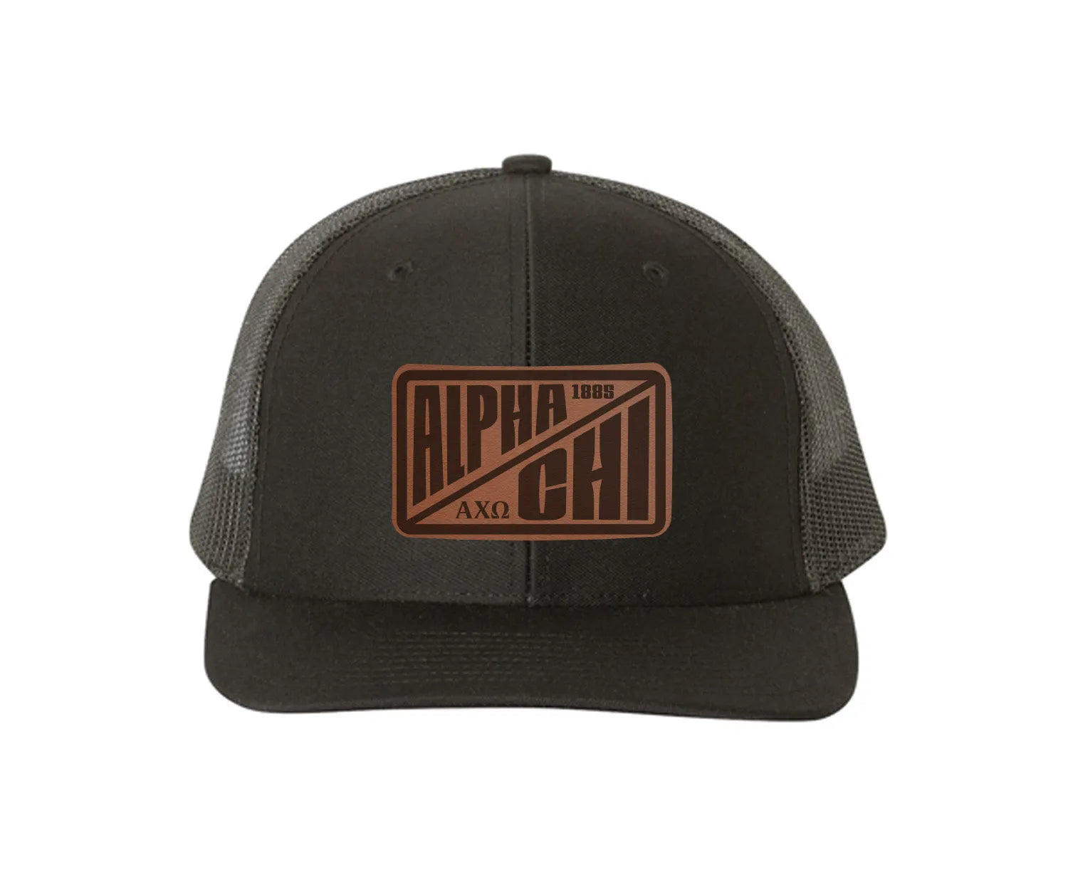 Alpha Chi Omega Richardson 112 Leatherette Patch Trucker Hat - Divide Black Black Trucker Hat