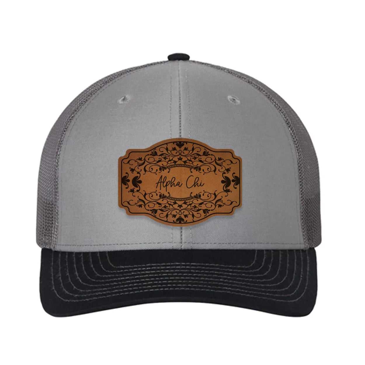Alpha Chi Omega Richardson 112 Leatherette Patch Trucker Hat - Scroll Gray Charcoal Navy Trucker Hat