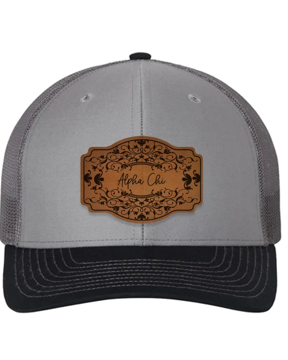 Alpha Chi Omega Richardson 112 Leatherette Patch Trucker Hat - Scroll Gray Charcoal Navy Trucker Hat