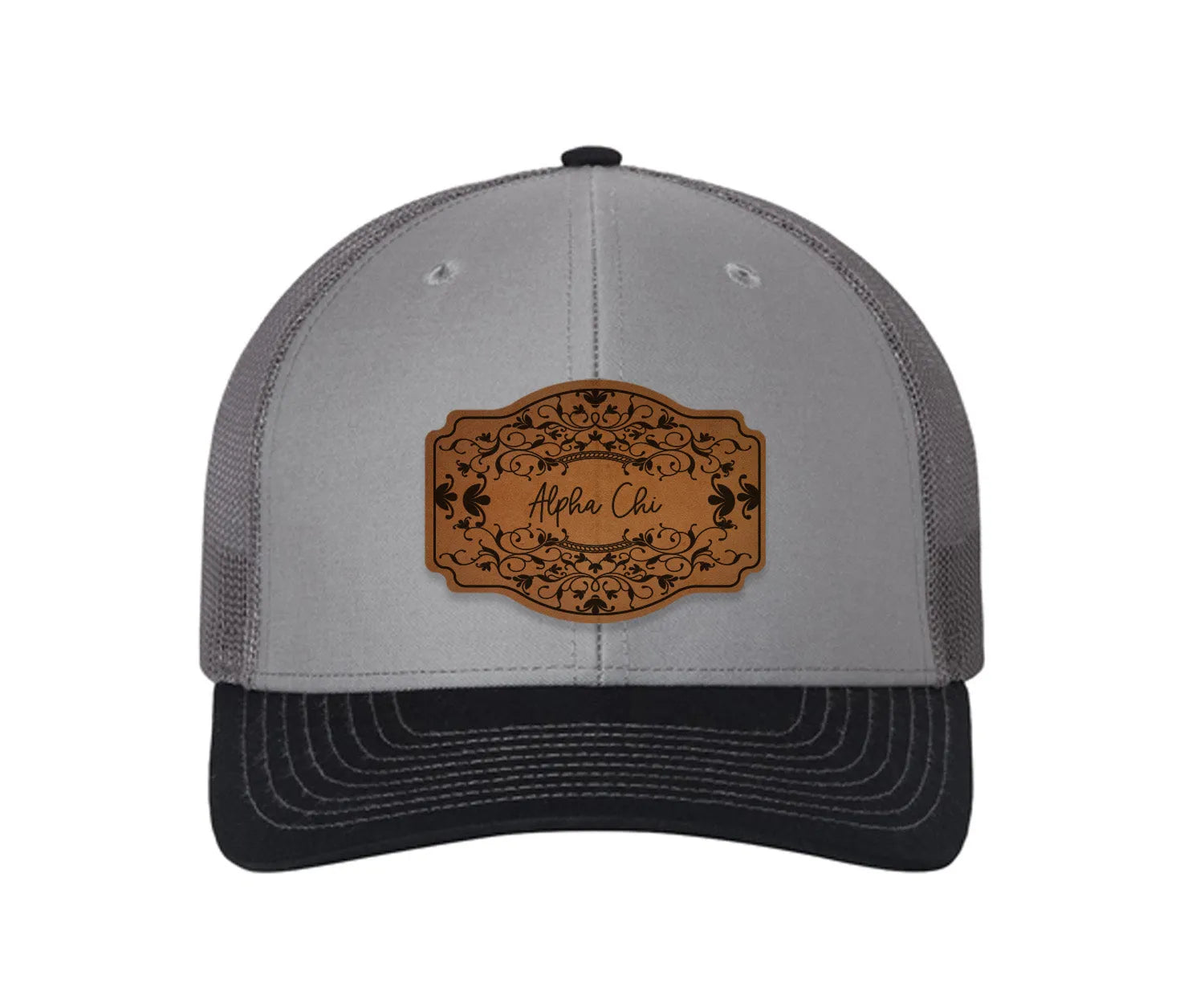 Alpha Chi Omega Richardson 112 Leatherette Patch Trucker Hat - Scroll Gray Charcoal Navy Trucker Hat