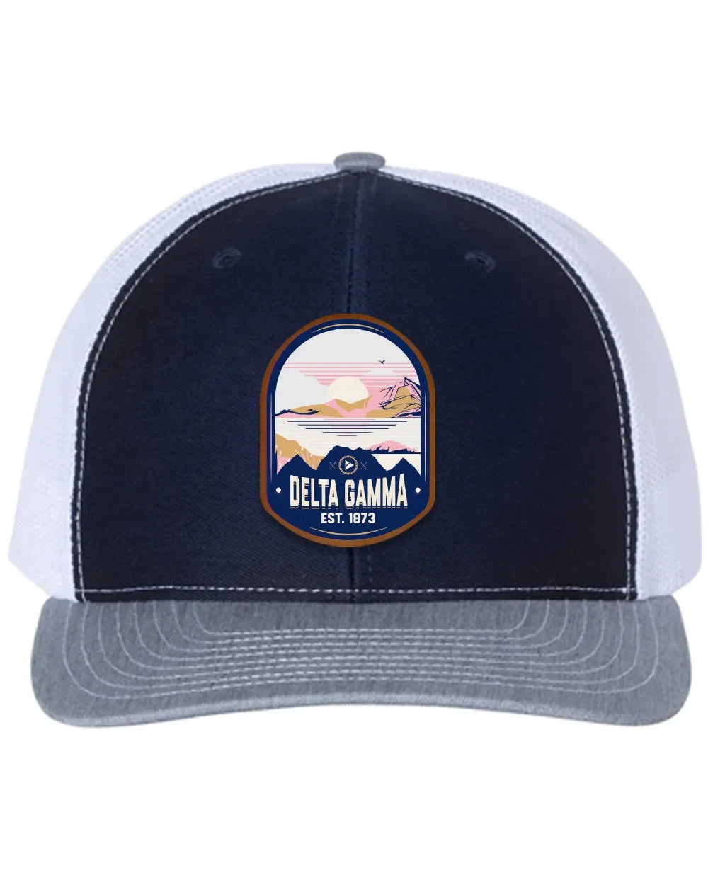 Delta Gamma Richardson 112 UV Print Leatherette Patch Trucker Hat - Ventura Navy White Heather Gray Trucker Hat