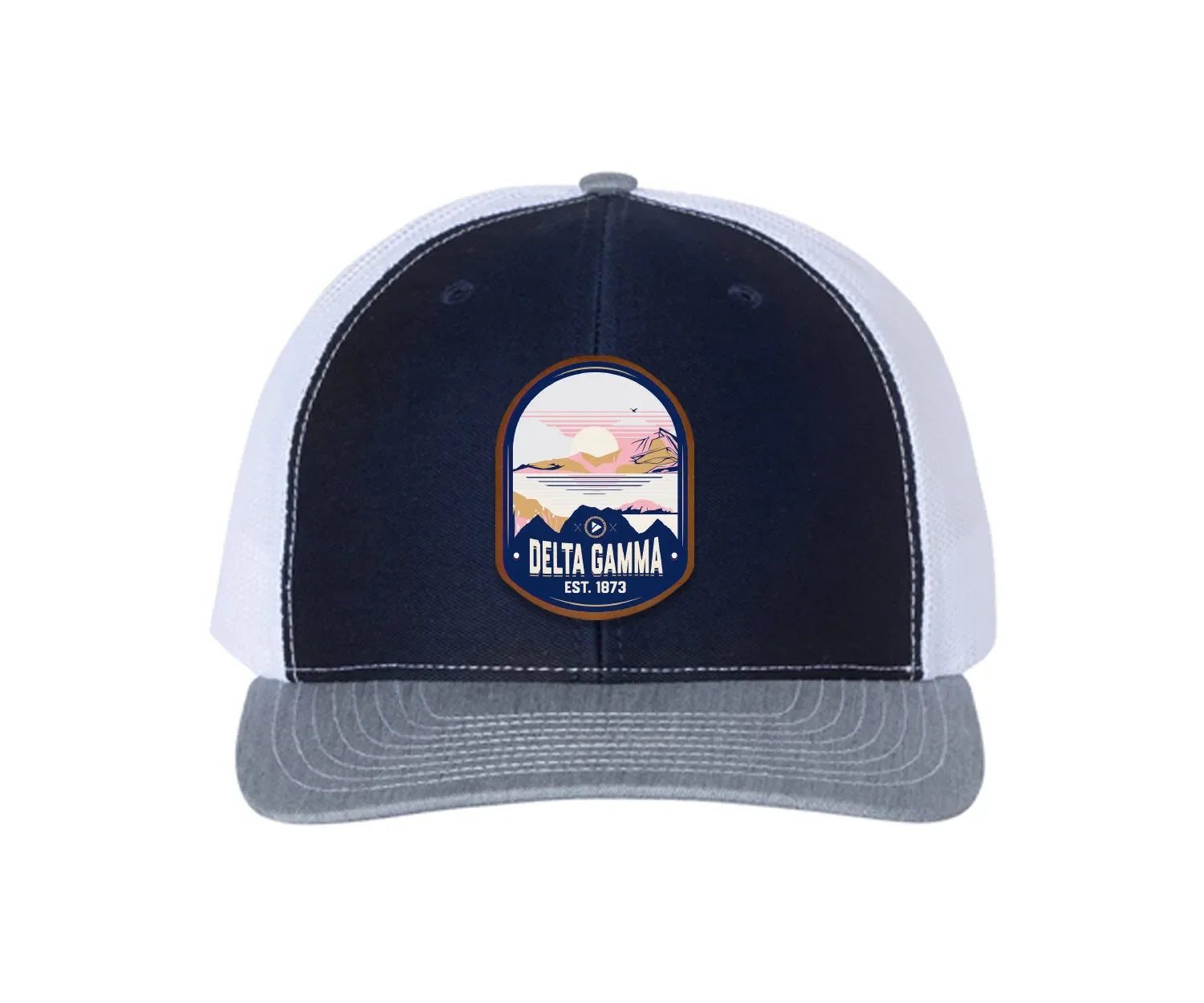 Delta Gamma Richardson 112 UV Print Leatherette Patch Trucker Hat - Ventura Navy White Heather Gray Trucker Hat