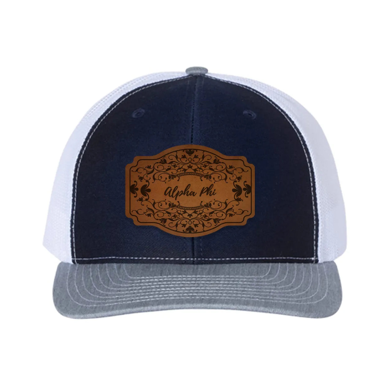 Alpha Phi Richardson 112 Leatherette Patch Trucker Hat - Scroll Navy White Heather Cray Trucker Hat