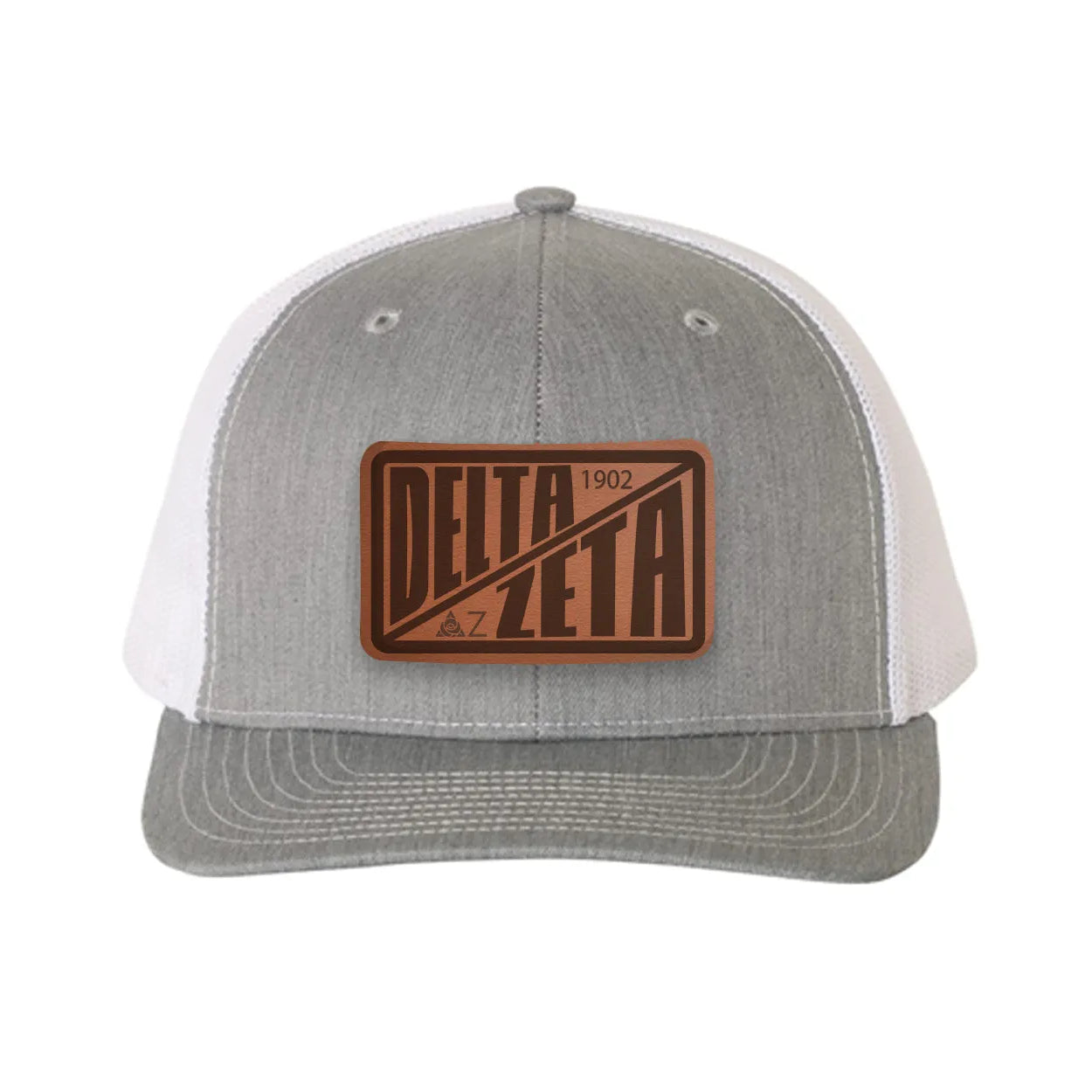 Delta Zeta Richardson 112 Leatherette Patch Trucker Hat - Divide Heather Gray White Trucker Hat