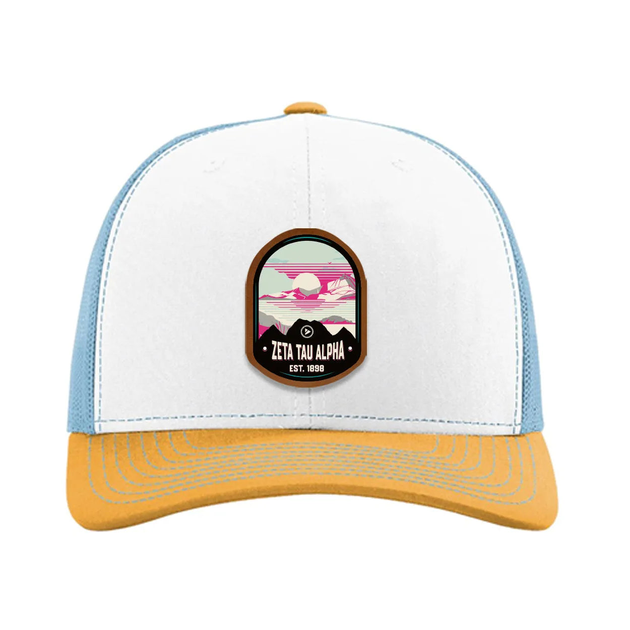 Zeta Tau Alpha Richardson 112 UV Print Leatherette Patch Trucker Hat - Ventura White Blue Yellow Trucker Hat