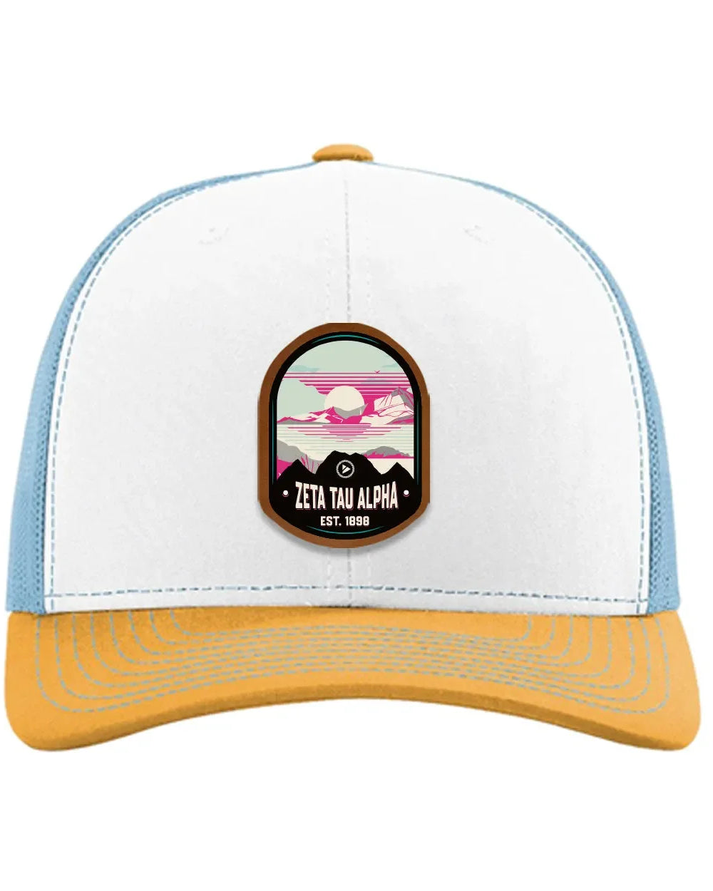 Zeta Tau Alpha Richardson 112 UV Print Leatherette Patch Trucker Hat - Ventura White Blue Yellow Trucker Hat