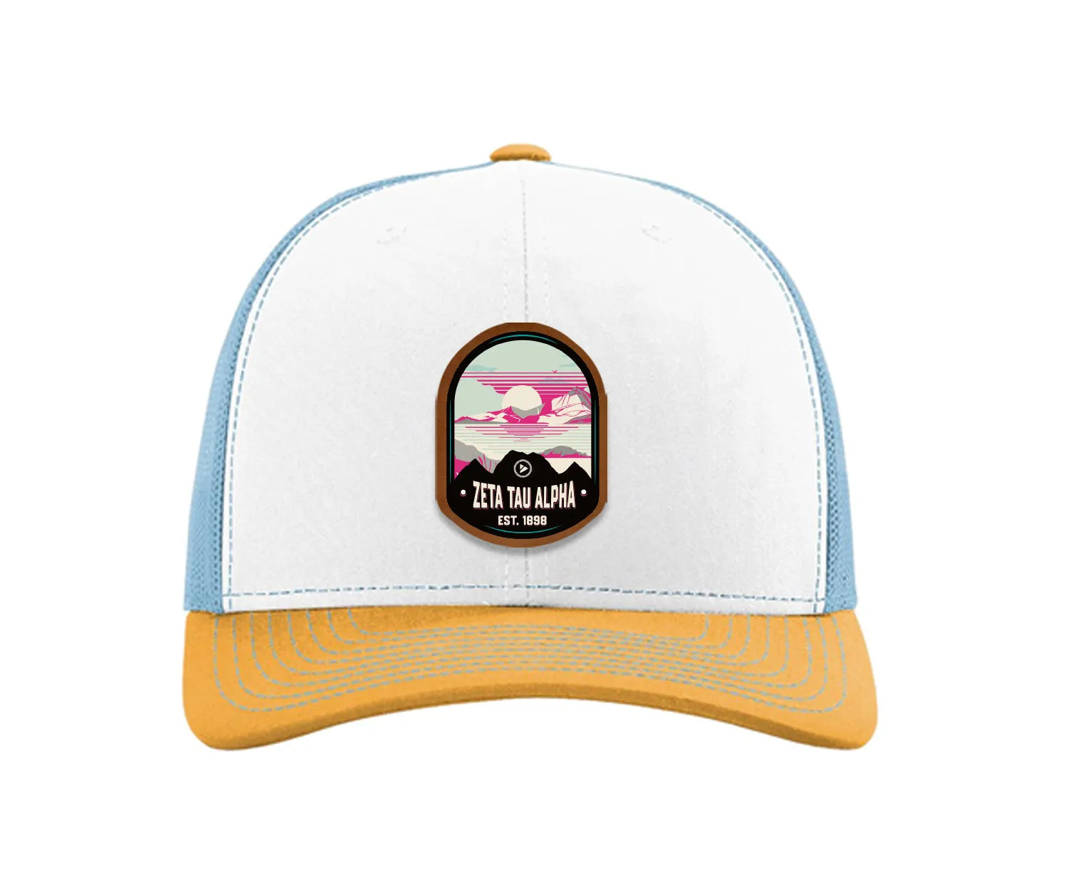 Zeta Tau Alpha Richardson 112 UV Print Leatherette Patch Trucker Hat - Ventura White Blue Yellow Trucker Hat
