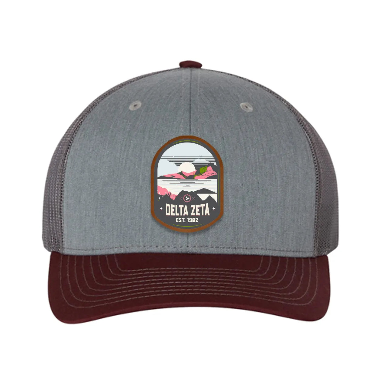 Delta Zeta Richardson 112 UV Print Leatherette Patch Trucker Hat - Ventura Heather Gray Charcoal Maroon Trucker Hat