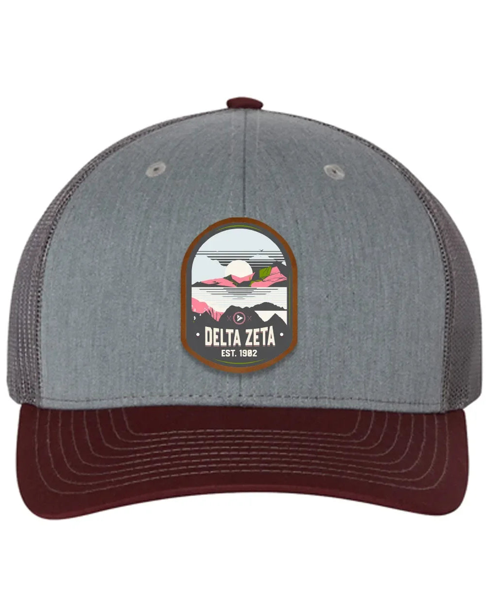 Delta Zeta Richardson 112 UV Print Leatherette Patch Trucker Hat - Ventura Heather Gray Charcoal Maroon Trucker Hat