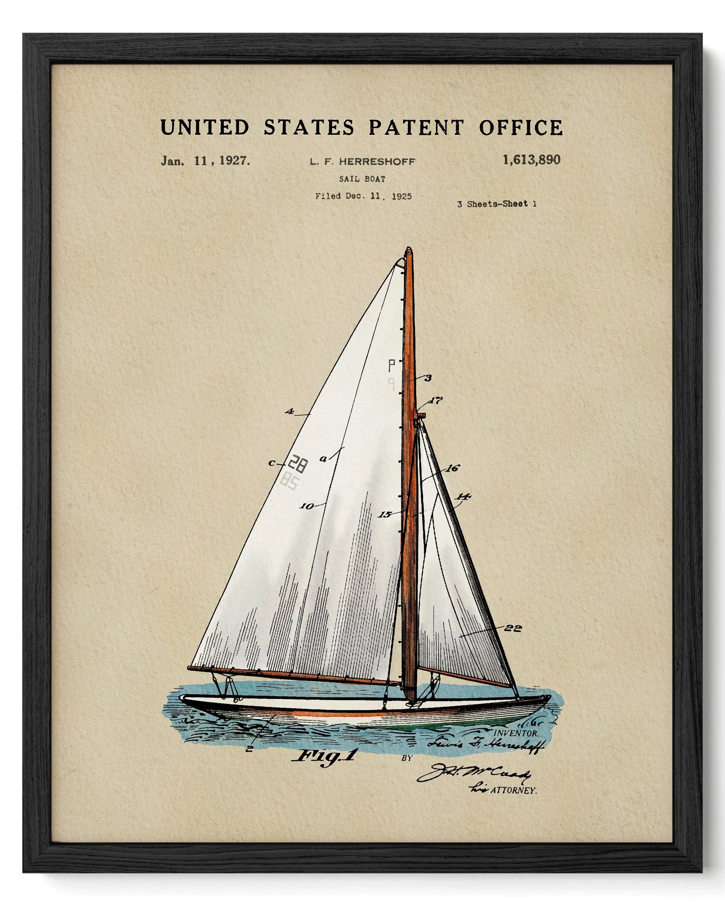 Herreshoff Sailboat US Patent Art Print | Nautical Coastal Dorm Decor