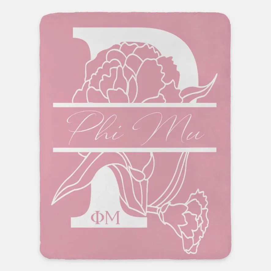 Phi Mu XL 60x80 Sherpa Throw Blanket - Carnation Monogram Blush Throw Blankets
