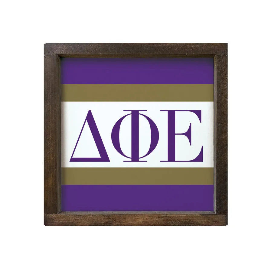 Delta Phi Epsilon 12x12 Wood Framed Sign - Stripes Greek Walnut Stain Wall Art & Signs